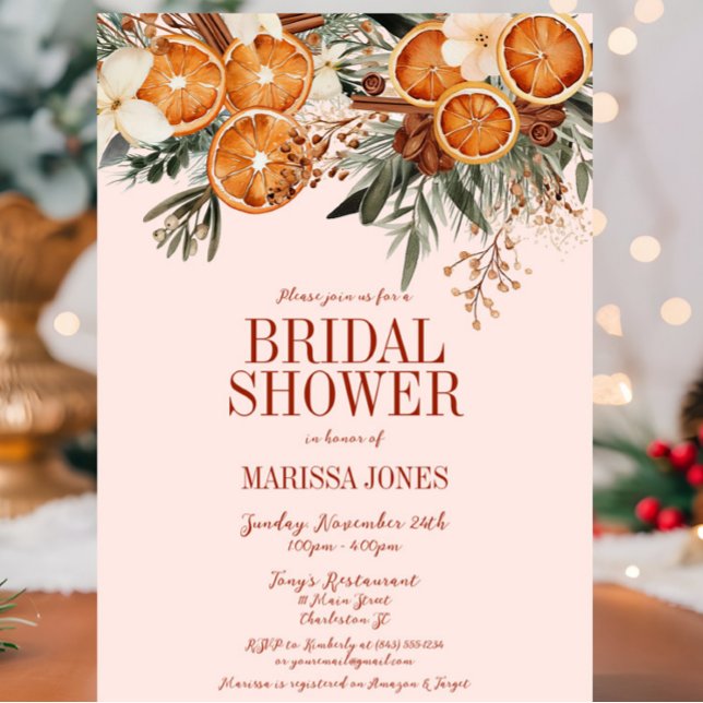 Elegantes rosa Zitrusfrüchte-Brautparty Einladung (Pink Orange Citrus Floral Bridal Shower Invitation, Christmas, Fall Autumn, Elegant Modern Wedding)