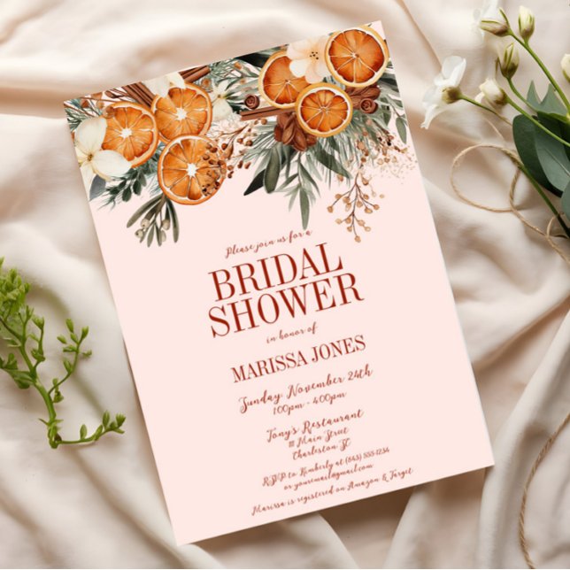 Elegantes rosa Zitrusfrüchte-Brautparty Einladung (Pink Orange Citrus Floral Bridal Shower Invitation, Christmas, Fall Autumn, Elegant Modern Wedding)