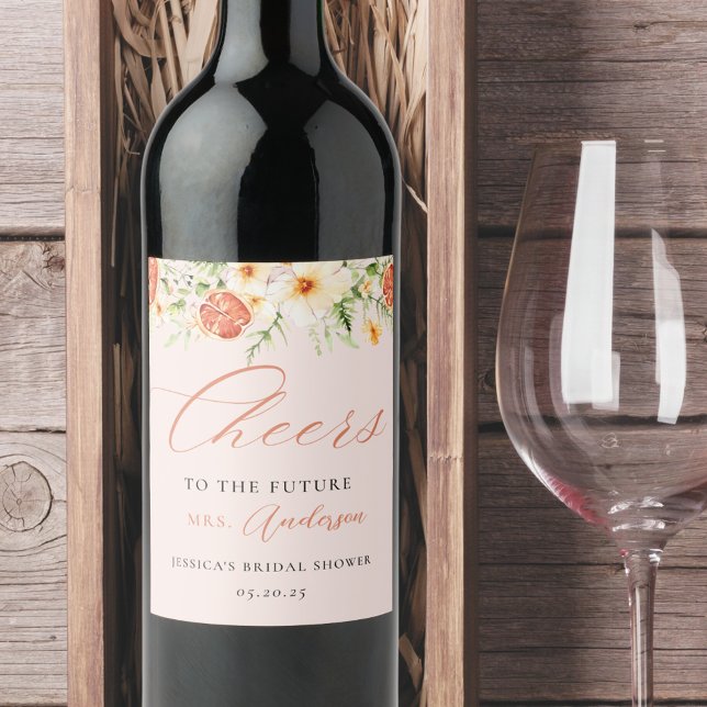 Elegantes rosa Zitrusfrüchte-Brautparty Weinetikett (Von Creator hochgeladen)