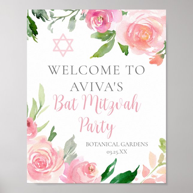 Elegantes rosafarbenes Bat Mitzvah Party Custom Poster (Vorne)