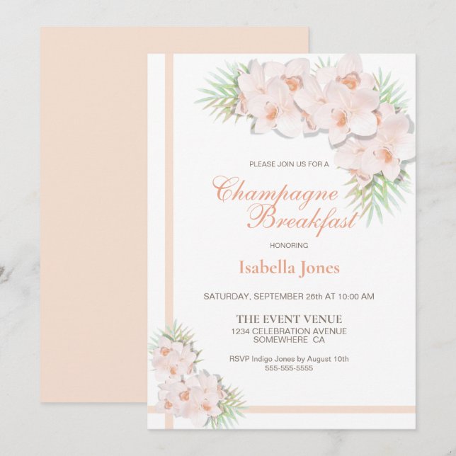 Elegantes rosafarbenes, florales Champagnerfrühstü Einladung (Vorne/Hinten)