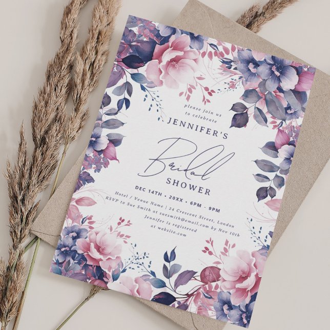 Elegantes, rosafarbenes Lila Brautparty Einladung (Elegant Dusty Pink Purple Floral Bridal Shower Invitation)