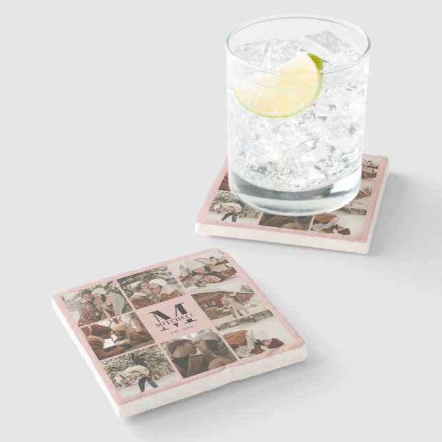 Elegantes rosafarbenes Monogramm Anfangsname und F Steinuntersetzer (Seitenansicht)