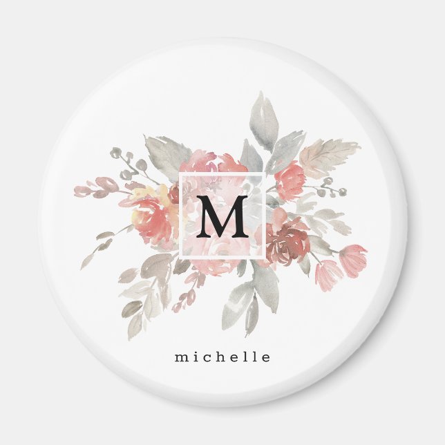 Elegantes rosafarbenes Monogramm der grauen Blume Magnet (Vorne)