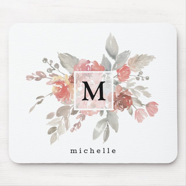 Elegantes rosafarbenes Monogramm der grauen Blume Mousepad (Vorne)