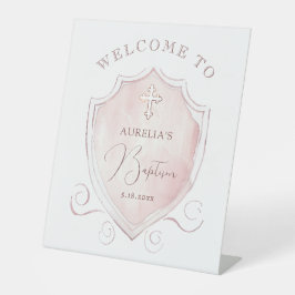 Elegantes rosafarbenes Wappen Taufe Willkommen Sockelschild