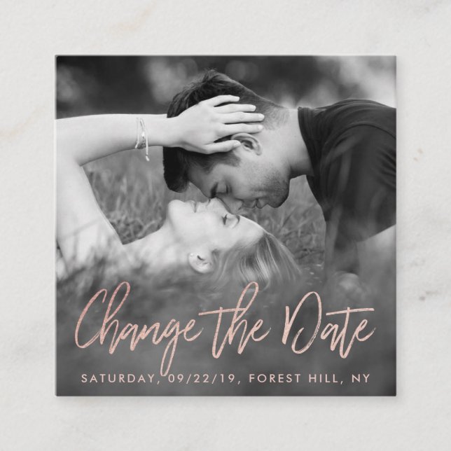 Elegantes Rose Foil Script Foto ändern Datum Begleitkarte (Vorderseite)