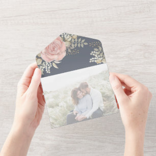 Elegantes Rose-Foto für Wasserfarben Gold QR Code All In One Einladung