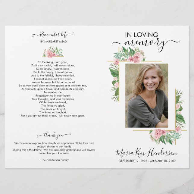 Elegantes Rose Foto Gedenkfeierprogramm (Vorderseite)