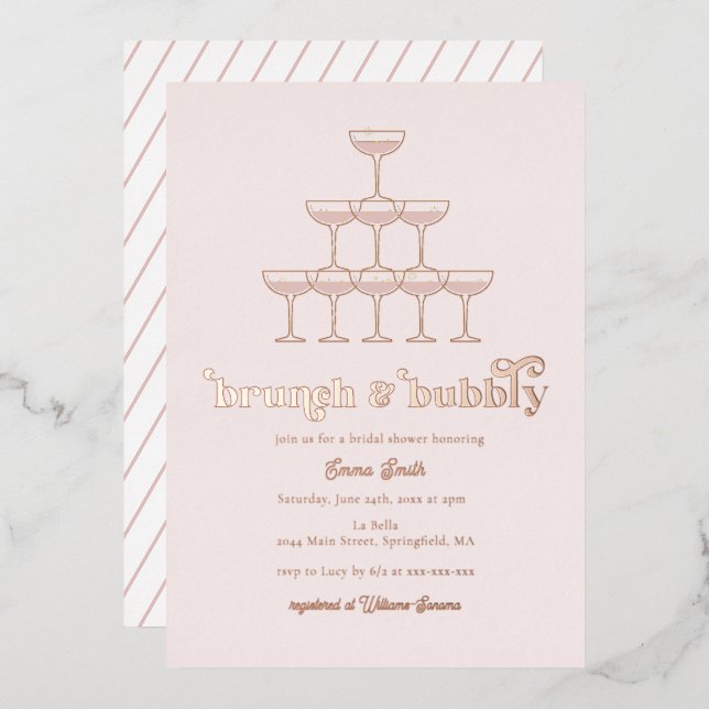 Elegantes Rose Gold Brunch & Bubbly Brautparty Folieneinladung (Vorderseite/Rückseite)