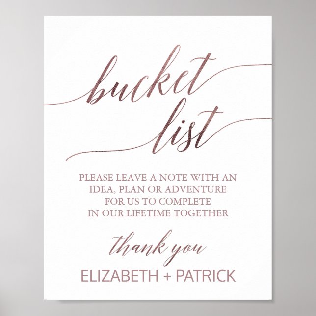 Elegantes Rose Gold Calligraphy Bucket List-Zeiche Poster (Vorne)