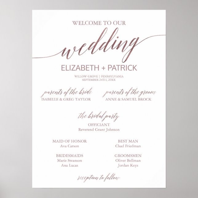 Elegantes Rose Gold Calligraphy Sm Wedding Program Poster (Vorne)