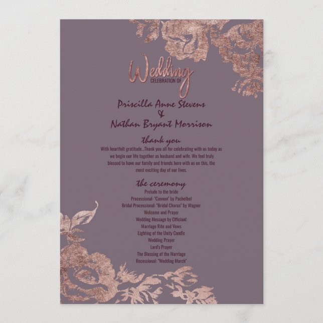 Elegantes Rose Gold Floral Lila Hochzeitsprogramm Programm (Vorderseite)