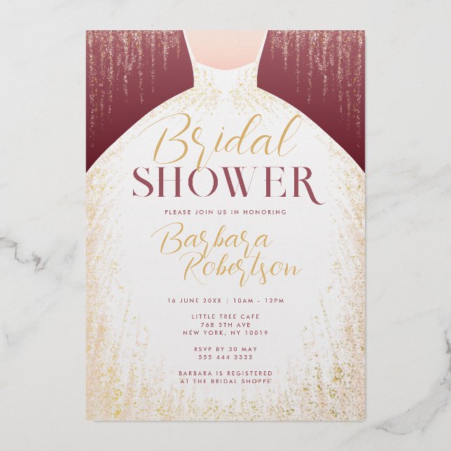 Elegantes Rose Gold Glitzer Dress Brautparty Folieneinladung (Vorderseite)