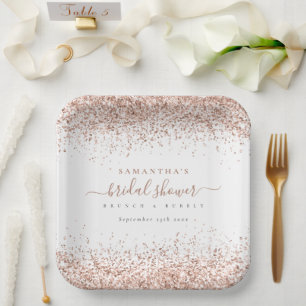 Elegantes Rose Gold Glitzer Name Brautparty Pappteller