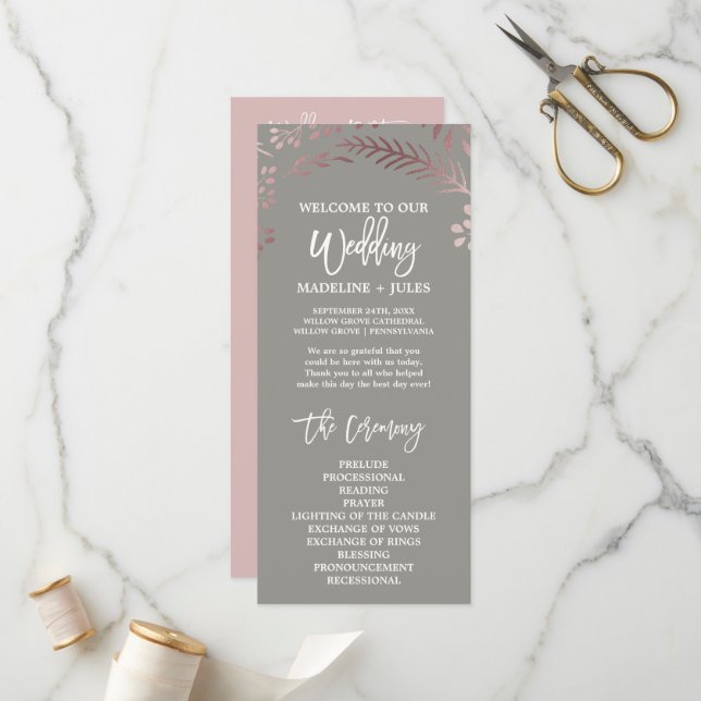 Elegantes Rose Gold & Gray Wedding Programm (Vorderseite/Rückseite Beispiel)