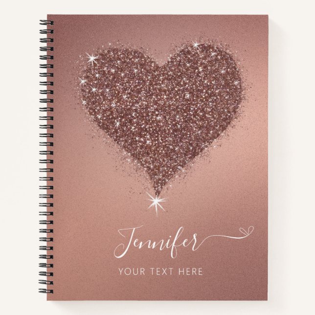 Elegantes Rose Gold Heart Glittery Notebook Notizbuch (Vorderseite)