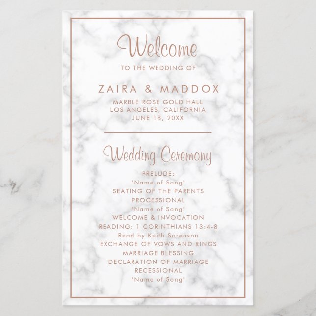 Elegantes Rose Gold Marble Modernes Hochzeitsprogr (Vorderseite)