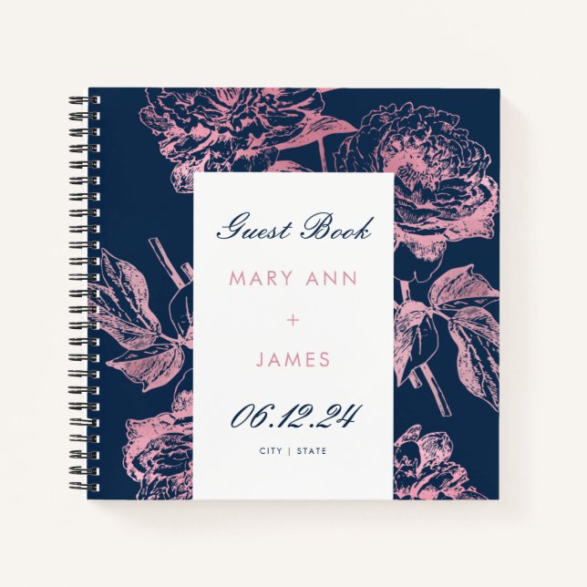 Elegantes Rose Gold Navy Blumental Wedding Gästebu Notizbuch (Vorderseite)