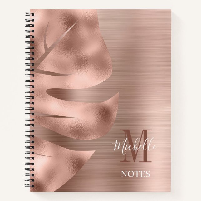 Elegantes Rose-Gold-Pinselmetall-Monogramm Notizbuch (Vorderseite)