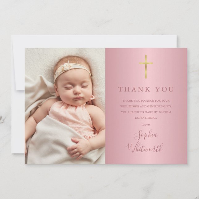 Elegantes Rose Gold Taufen Christening Foto Dankeskarte (Vorderseite)