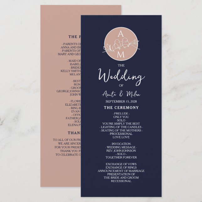 Elegantes Rosé- und Navyblau-Script-Hochzeitsprogr Programm (Vorne/Hinten)