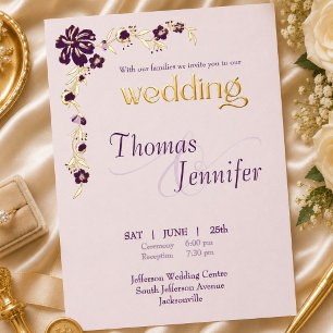 Elegantes Rosé- und Pflaumen-Botanik-Hochzeit Gold Folieneinladung
