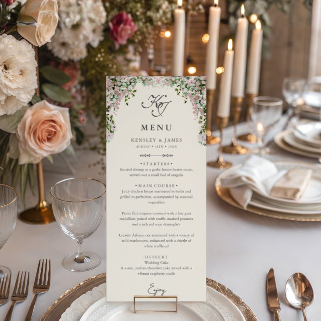 Elegantes Roségarten-Hochzeitsdinner-Menü Menükarte (Von Creator hochgeladen)