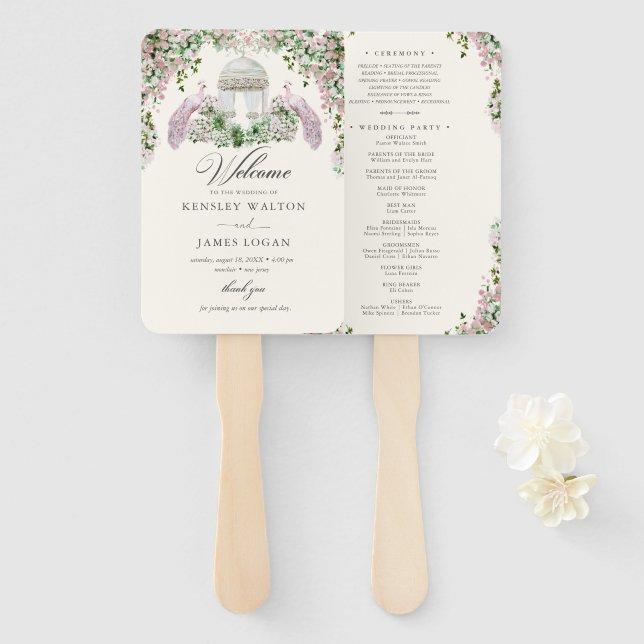 Elegantes Roségarten-Hochzeitsprogramm Fächer (Vorne und Hinten)