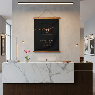 Elegantes Roségold auf Schwarz Wandteppich Mit Holzrahmen