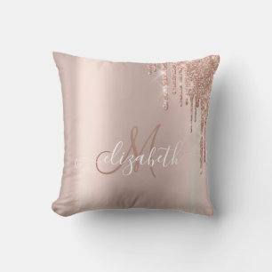 Elegantes Roségold Glitter-Tropfen Monogramm Kissen