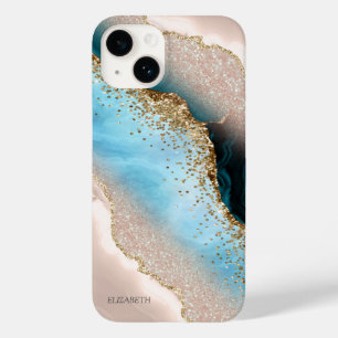 Elegantes Roségold-Glitter-Türkismarmor Case-Mate iPhone 14 Hülle