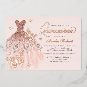 Elegantes Roségold-Schmetterlingskleid Quinceanera Folieneinladung