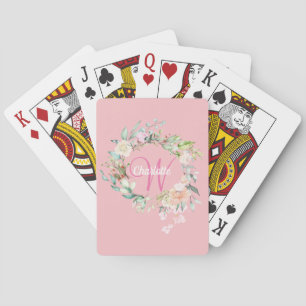 Elegantes Roségold-Schriftmonogramm Floral Spielkarten