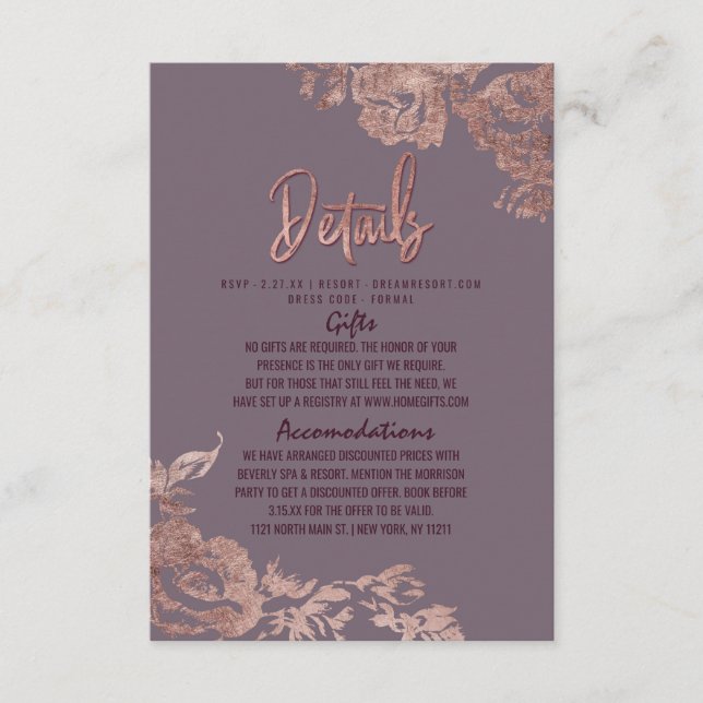 Elegantes Rosen-Goldlila Hochzeits-mit Begleitkarte (Vorderseite)
