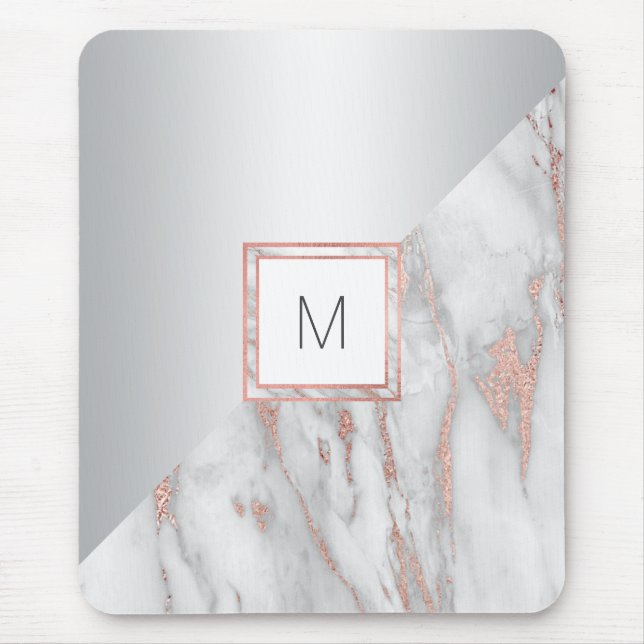 Elegantes Rosen-Goldmarmor-Silber MONOGRAMM Mousepad (Vorne)