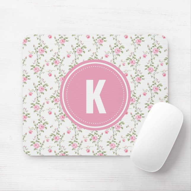 Elegantes Rosenblumen-Muster-Monogramm Mousepad (Mit Mouse)