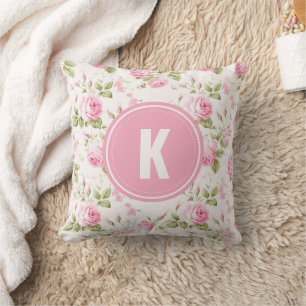 Elegantes Rosenblumenmuster-Monogramm Kissen