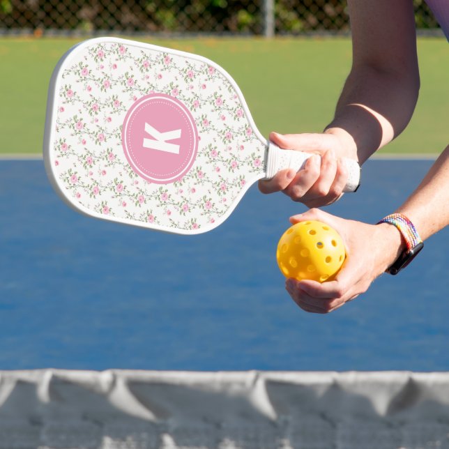 Elegantes Rosenblumenmuster Monogramm Pickleball Schläger (InSitu)