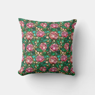 Elegantes Rosenmuster in falschem Buntglas in Rosa Kissen