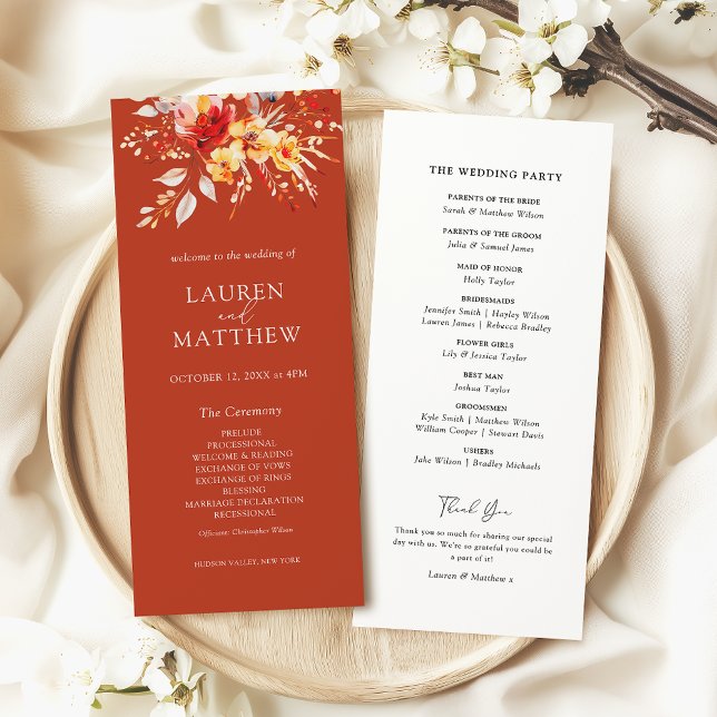 Elegantes Rost Orange Hochzeit im Herbst Programm (Elegant boho rust orange floral fall wedding program)