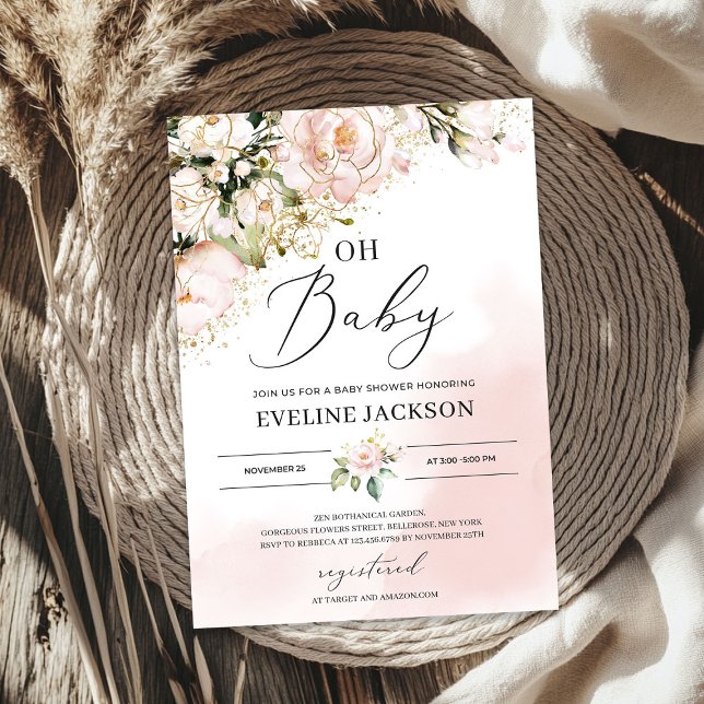 Elegantes röstfarbenes goldfarbenes Mädchen oh Bab Einladung (Elegant blush pink floral gold girl oh baby shower invitation)