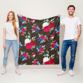 Elegantes rot-blaues Blumenmuster auf dunklem Brau Fleecedecke