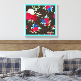 Elegantes rot-blaues Blumenmuster auf dunklem Brau Leinwanddruck