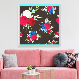 Elegantes rot-blaues Blumenmuster auf dunklem Brau Leinwanddruck