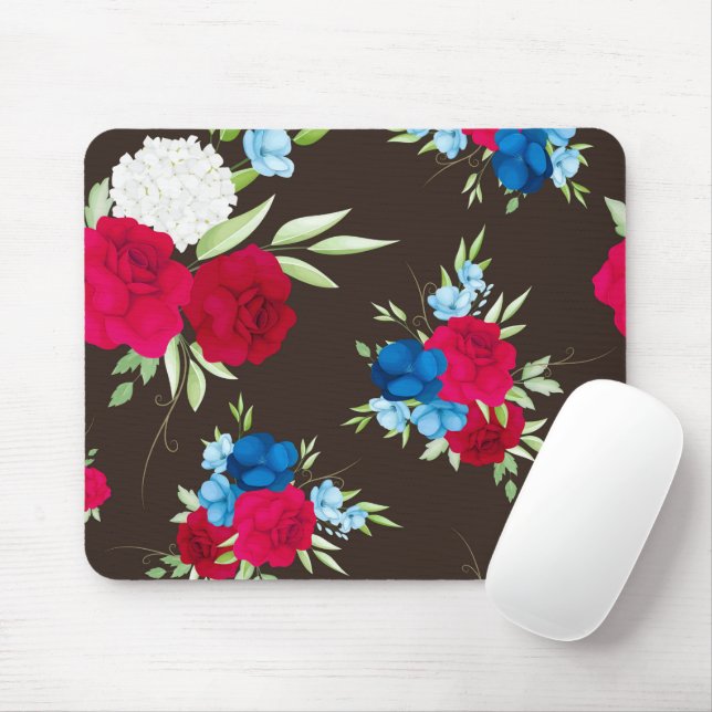 Elegantes rot-blaues Blumenmuster auf dunklem Brau Mousepad (Mit Mouse)