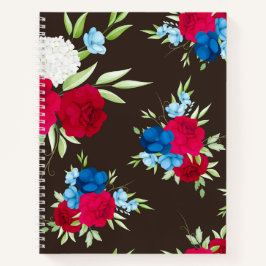 Elegantes rot-blaues Blumenmuster auf dunklem Brau Notizbuch