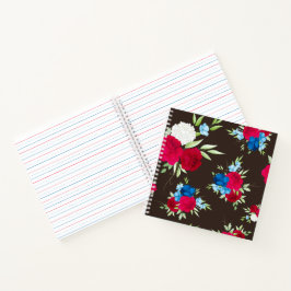 Elegantes rot-blaues Blumenmuster auf dunklem Brau Notizbuch