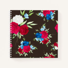 Elegantes rot-blaues Blumenmuster auf dunklem Brau Notizbuch
