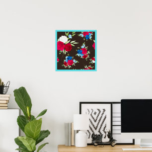 Elegantes rot-blaues Blumenmuster auf dunklem Brau Poster